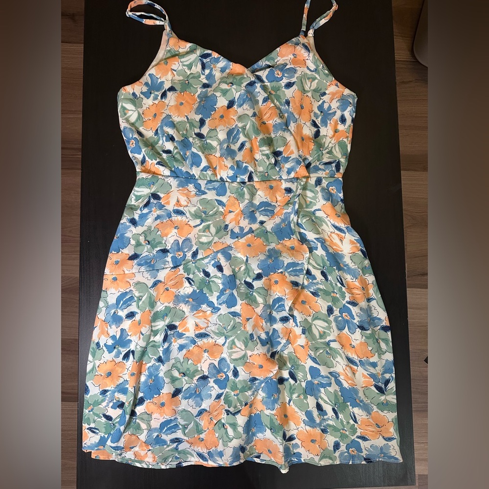 Floral Sleeveless Fit-and-Flare wrap-style Dress in Blue, Orange, and Green